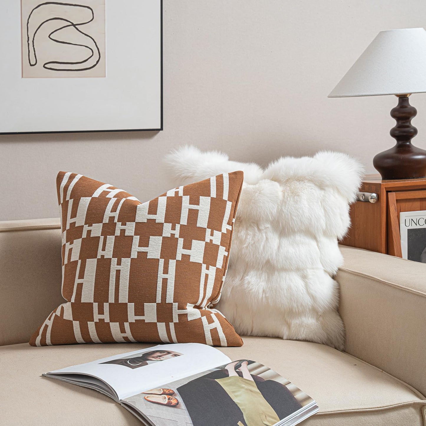 Croker Horse New 20x20'' inches Throw Pillow Cushion Covers - Caramel H Letter Chenille Jacquard Embroidery Luxury Modern Style Couch Sofa Bed Pillow Cover for Living Room Bedroom