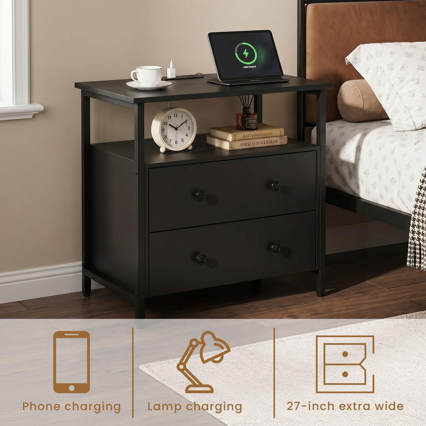 Edbuosy 27 inch Wide Night Stand with Charging Station, Bedside Table with Open Shelf, 2 Drawers Small Wood Dresser, Modern Wood Nightstand for Bedroom/Living Room (Black)