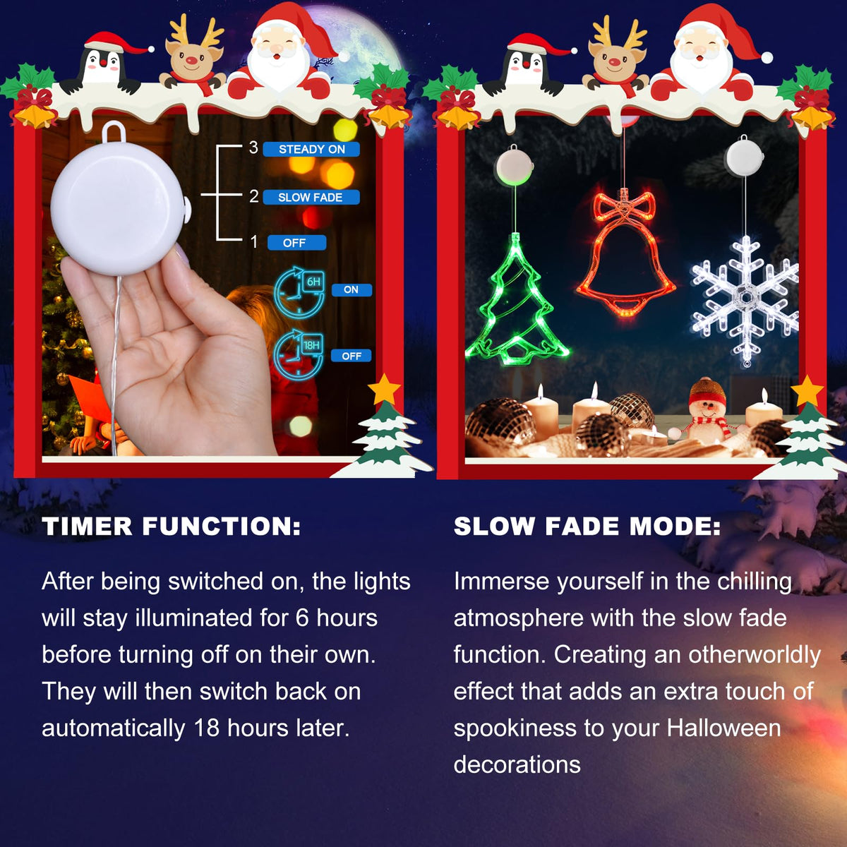 LOLStar Christmas Window Decorations,3 Pack Jingling Bell,Christmas Tree,Snowflake Christmas Window Lights with Suction Cup, Timer Function & Slow Fade Mode Battery Operated Indoor Lights