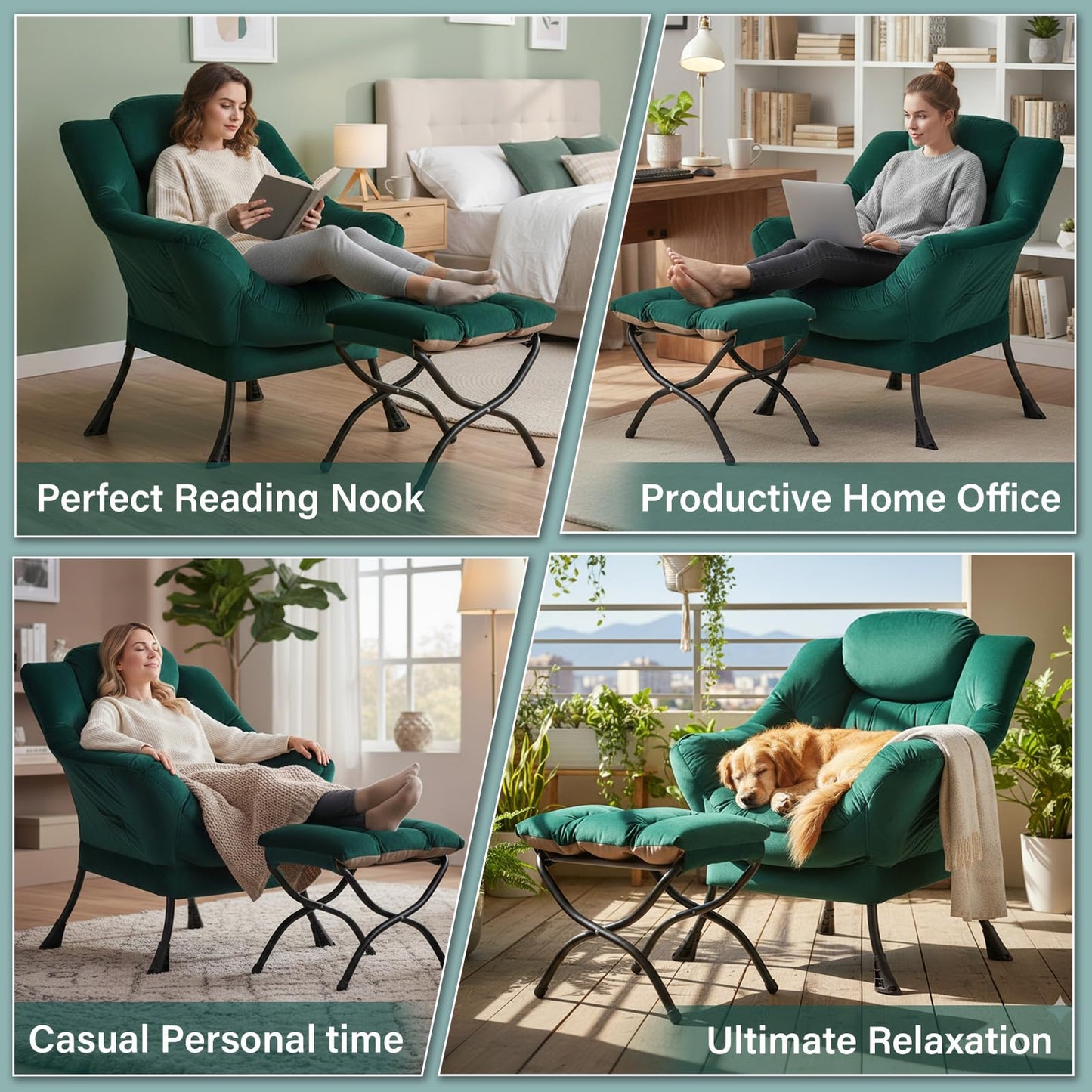Givjoy Lazy Chair and Ottoman, Large Green Velvet Accent Chair with Side Pocket, Modern Leisure Upholstered Sofa Reading Armchair with Footrest for Office, Bedroom, Living Room, Dorm Rooms, Balcony