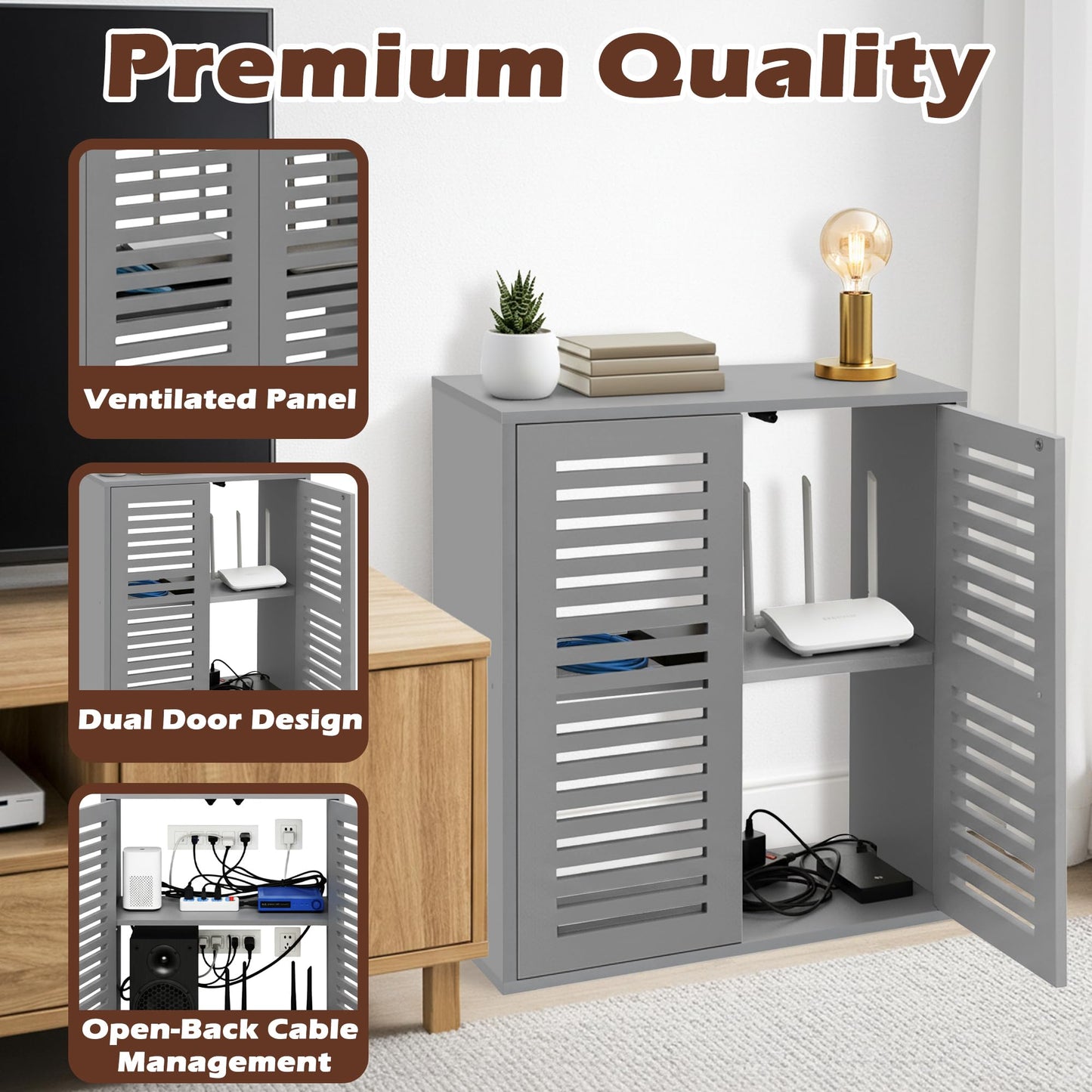 WiFi Router Storage Cabinet, Floor Standing Router Storage Box Modem, Multi-Functional Router Storage Box, Power Strip and Cable Management Hider Organizer for Living Room, Office, Bedroom, Gray