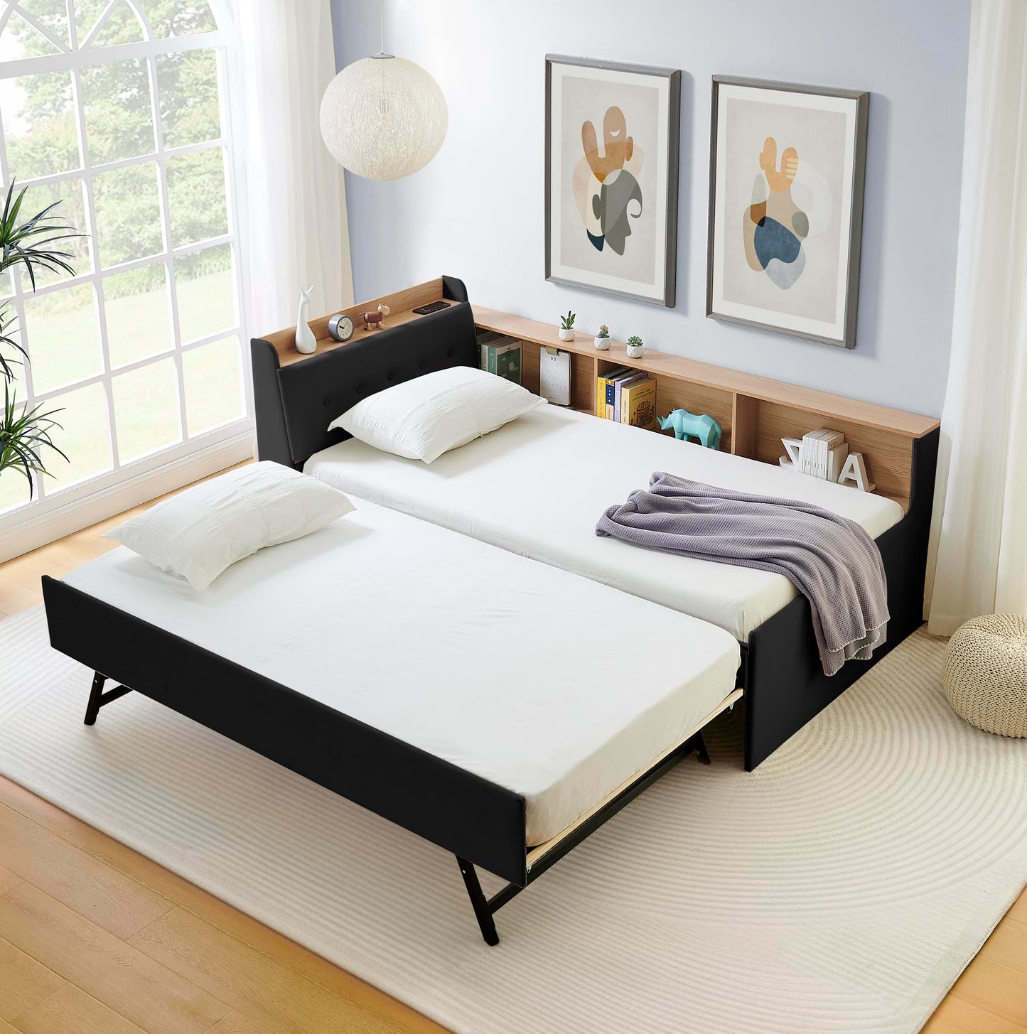 Twin Size Upholstery Velvet Height Adjustable Day Bed with Storage Headboard and Wireless Charging, Multi-Functional Daybed with Trundle Bed & LED Lights, Black