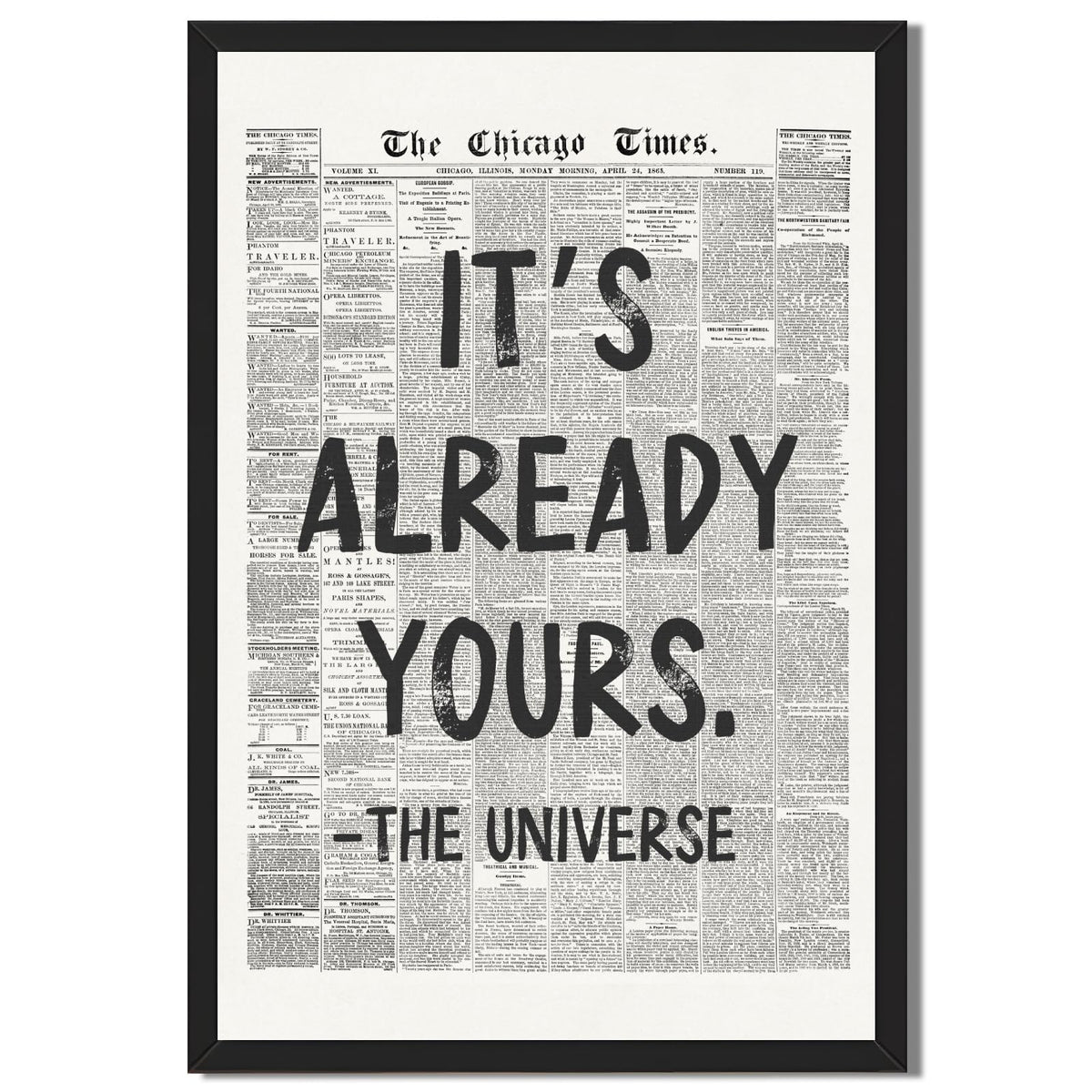 Licpach Retro Black and White Newspaper Wall Art It’s Already Yours – The Universe Positive Quote Poster Inspirational Canvas Print Motivational Wall Decor for Office Bedroom 8x12inch Black Frame