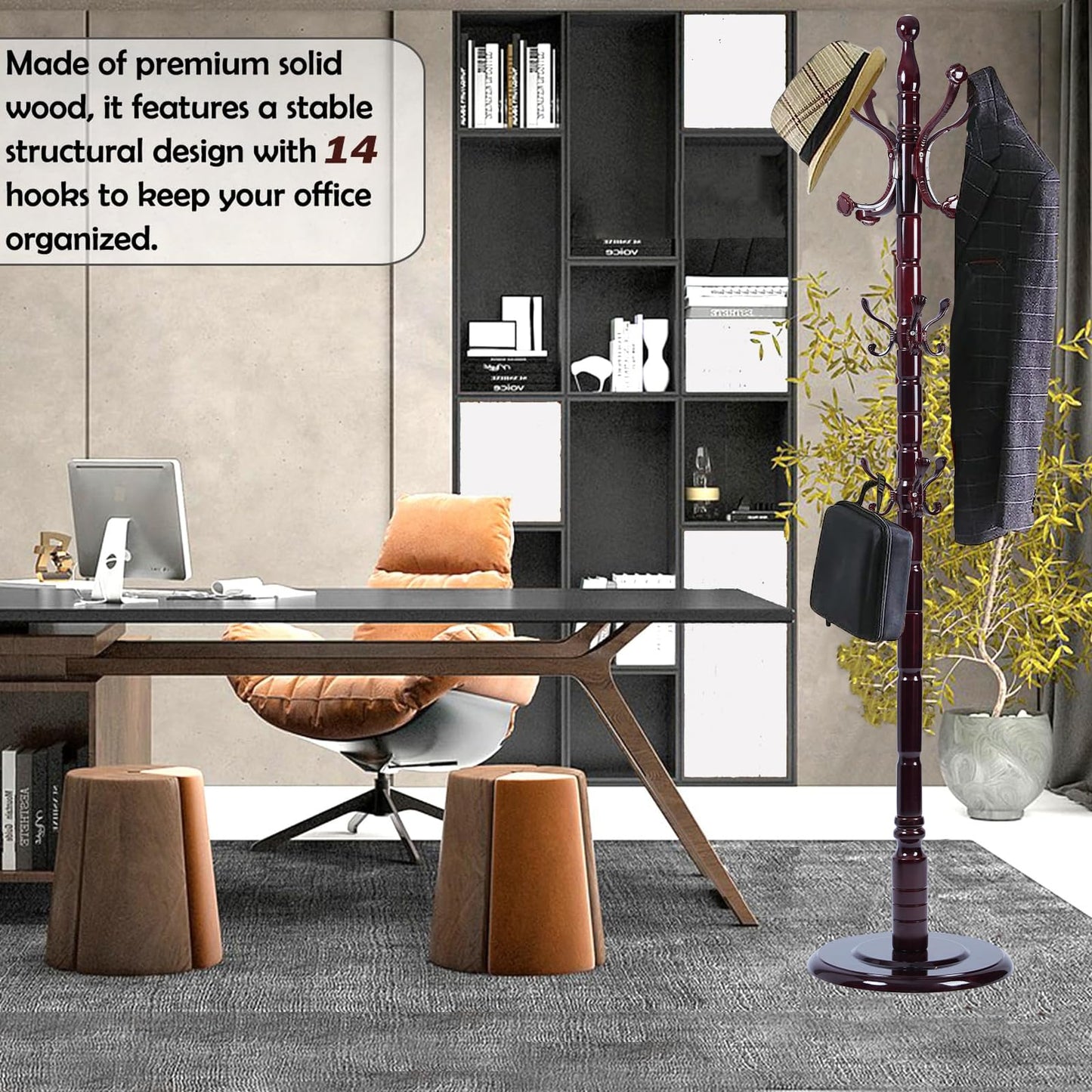 Sauqzoh Coat Racks Free Standing with 14 Hooks, Natural Wood Coat Stands for Entryway, Adjustable Height 72 in Tree Coat Rack Stand for Hallway Home Office Bedroom (Mahogany Ruyi)