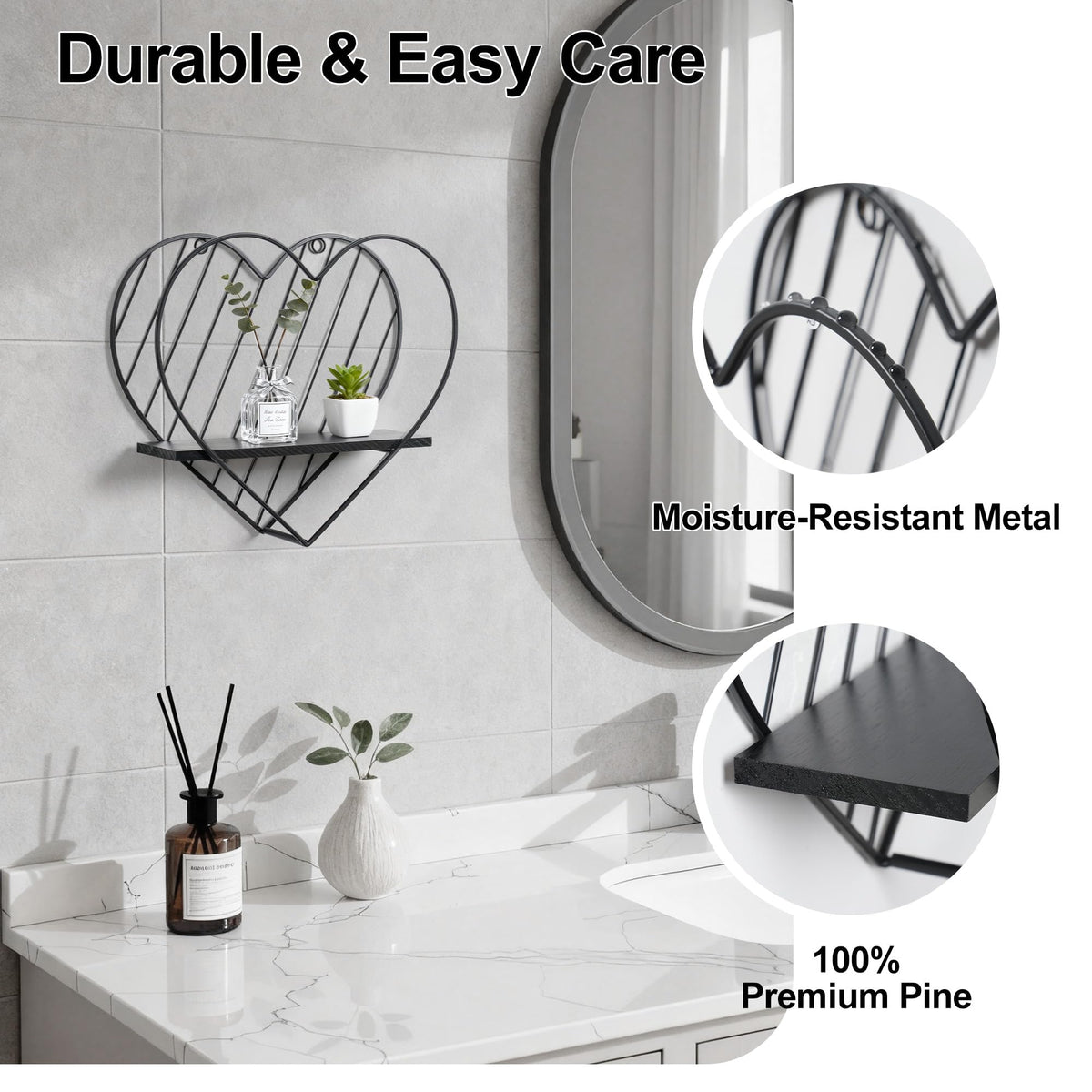 Afuly Floating Shelves - Black Wall Shelf, Heart Shaped Modern Minimalist Storage Rack Organizer for Bedroom, Bathroom, Living Room Home Decor
