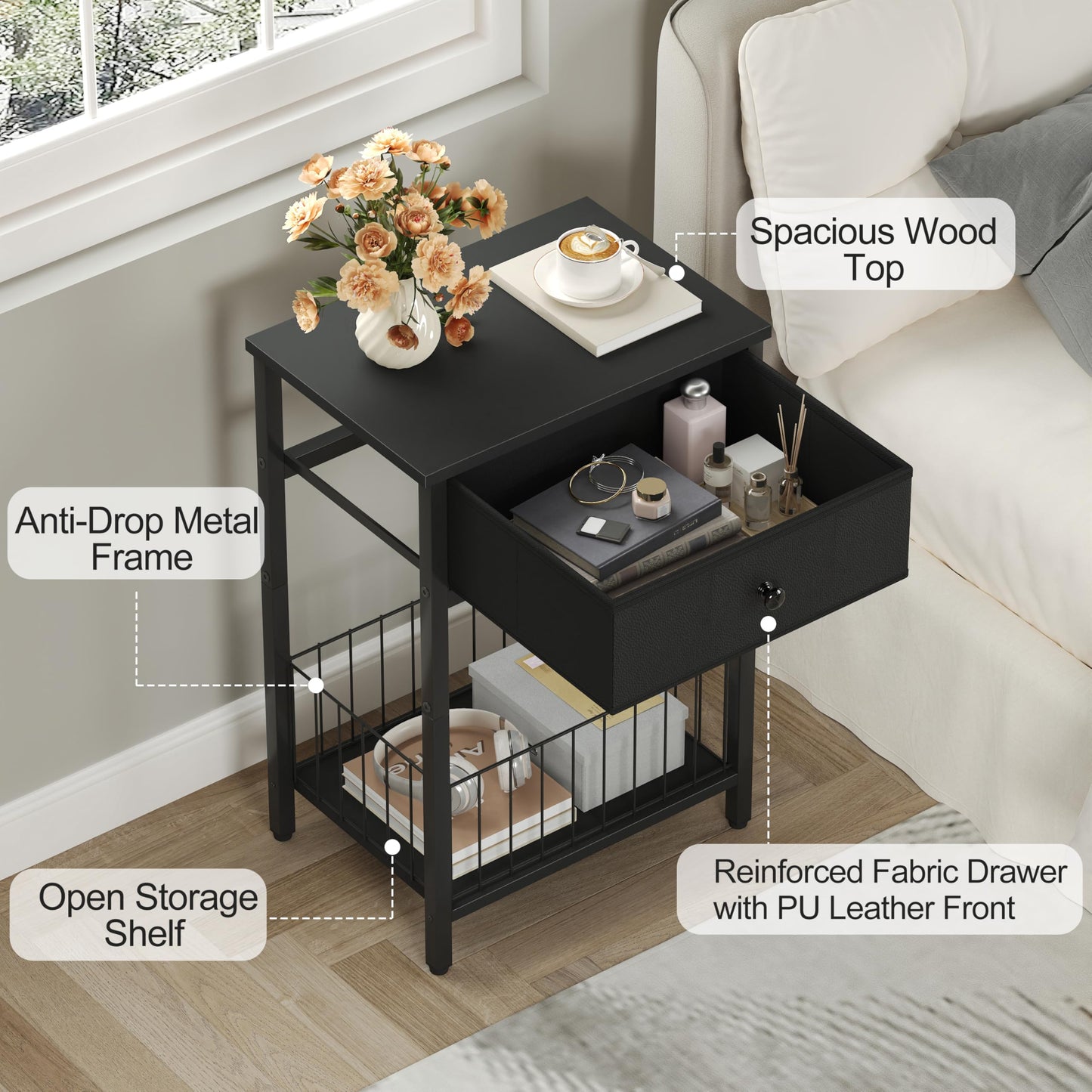 VAFEKOL Small nightstand, Bed Side Tables Bedroom, Black Side Table, end Table with Drawer, one Drawer nightstand, Black end Table LNT0061BK
