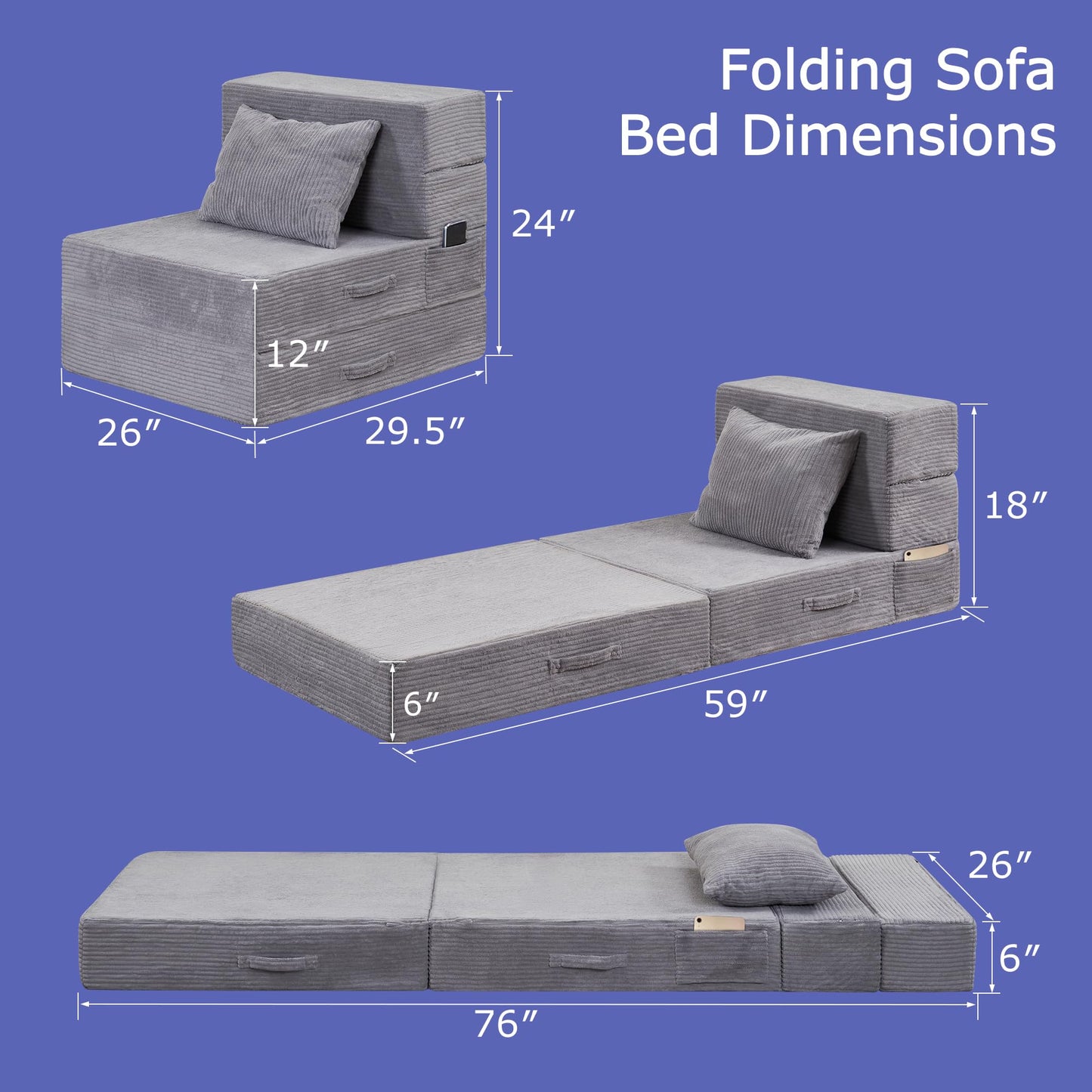 HILERO Folding Sofa Bed, 4 in 1 Convertible Sleeper Chair with Pillow, Single Memory Foam Fold Out Chair Bed, Modern Floor Futon Sofa Couch Mattress for Living Room/Guest/Apartment, Light Gray