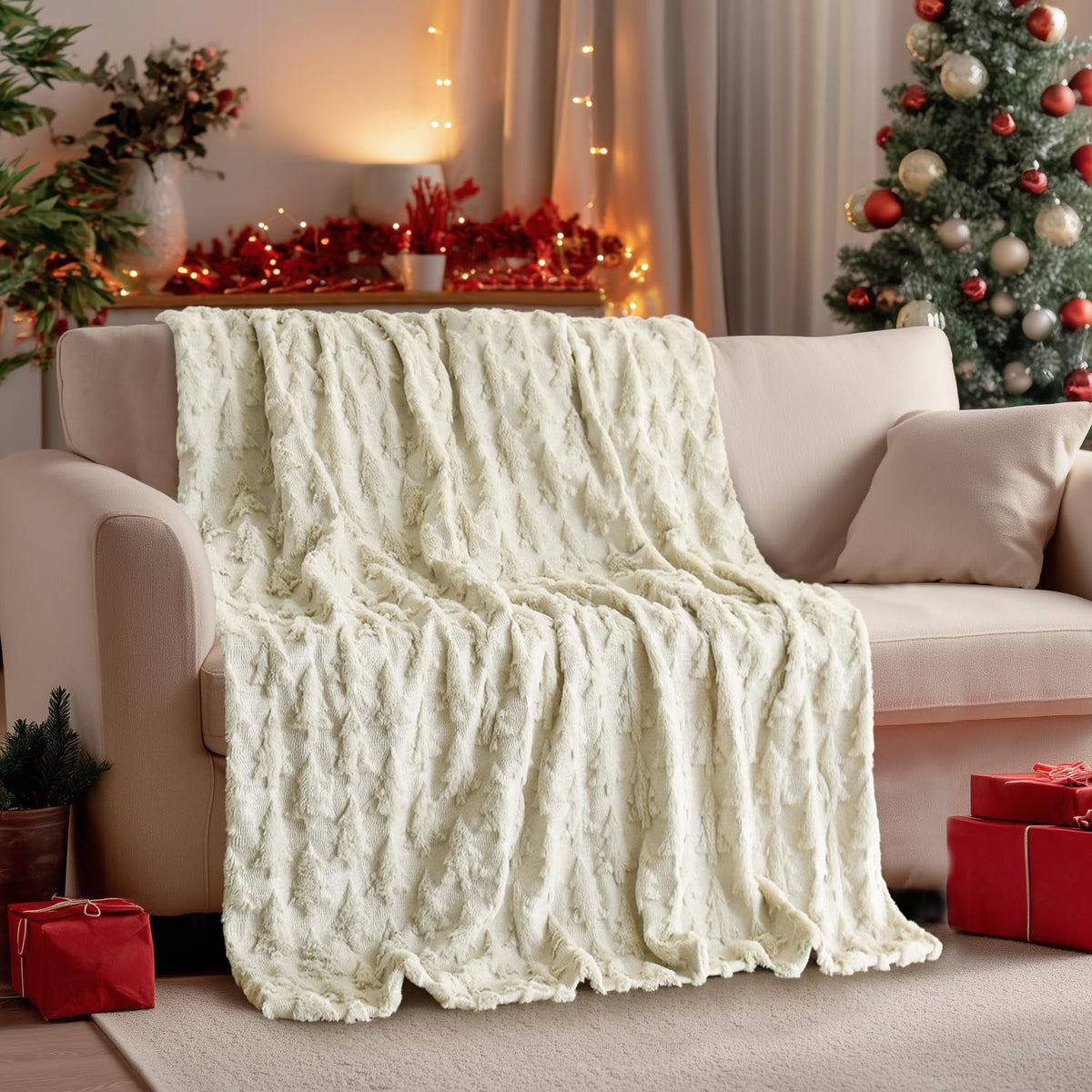 Horaldaily Christmas Blanket Throw, Beige Christmas Tree Soft Fuzzy Plush Faux Fur Cozy Blankets for Couch Sofa Bed Lounging, Ideal Gifts for Kids Adults Wife Self, 50x60