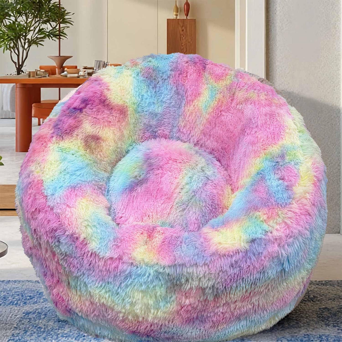 Plush Faux Fur Bean Bag Chairs, Memory Foam Filled Sofa Chair Shape Bean Bag for Adults/Teens/Kids, Ultra-Soft Lazy Sofa for Living Room Bedroom College Dorm, Rainbow