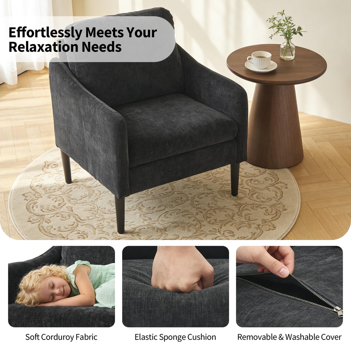 Mid-Century Modern Side Chair, Chenille Fabric Curved Armchair for Adults, Comfy Reading Chair, Modern Cloud Single Sofa Accent Chair for Bedroom, Living Room, Office & Waiting Room,Black