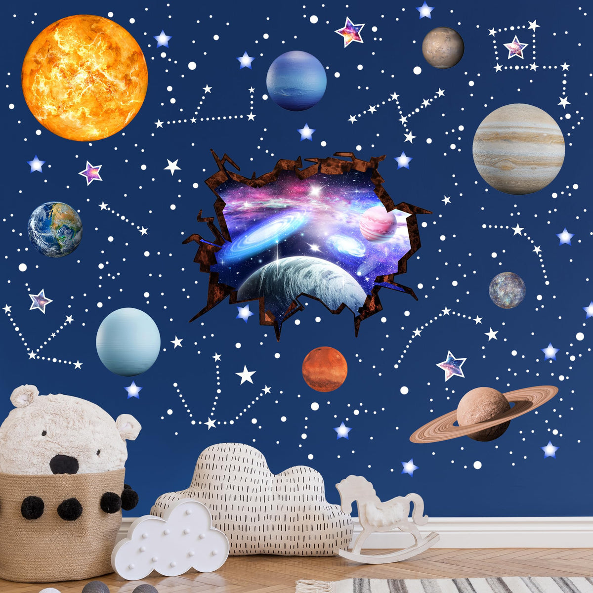 Robmoda Stars and Planets Wall Decals Glow in The Dark, Sun Solar System Stickers for Ceiling, Space Wall Sticker for Kids Room (Blue)