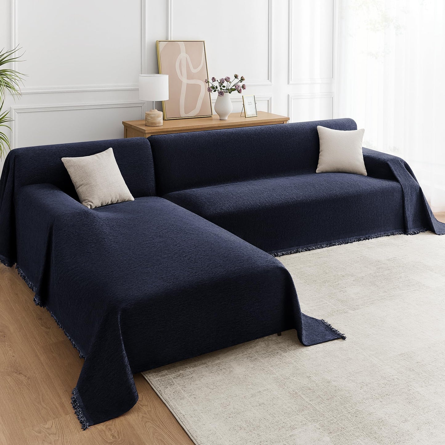 Maymiss Sectional Couch Covers 2-Piece Set for L-Shaped Sofas, Pet Friendly Washable Furniture Protector, Chenille Couch Blanket Fits 2-3 Cushion Couches (71"x118"+71"x118", Navy Blue)