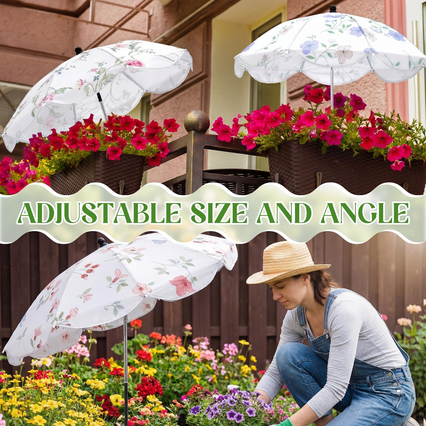 Shinylin 3 Pack Plant Umbrella for Outdoor Adjustable Sun Shade Covers 24" Sun Protection Cloth UV Umbrella for Potted Plants, Garden Beds, Patio Flowers (Curved Edge,Flower 1)