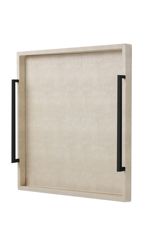24"x24" Oversized Ottoman Tray with Black Handle for Living Room, Ivory Faux Shagreen Leather Extra Large Square Decorative Tray for Coffee Table Home Accent(Ivory-Black Handle, 24")