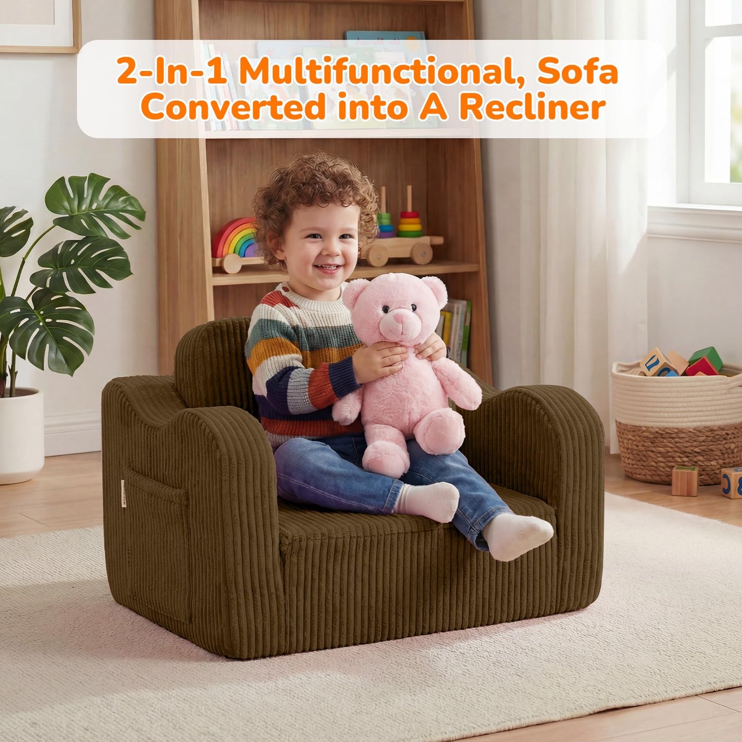 MeMoreCool Kids Couch, 2-in-1 Corduroy Kids Couch Fold Out to Recliner, Comfy Kids Chair for Ages 3+, Cushioned Foam Kids Sofa with Washable Cover for Playroom and Bedroom, Brown
