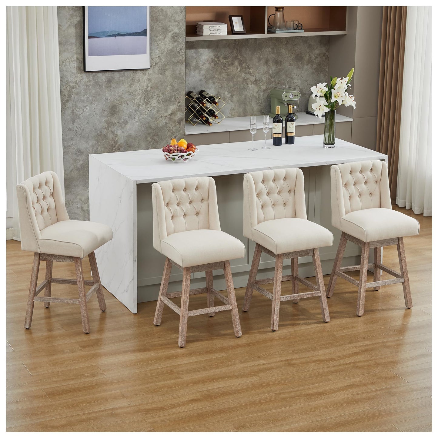 UDAX 26" Swivel Bar Stools Set of 4, Counter Height Barstools with Back, Linen Fabric Upholstered Bar Stools, Modern Barstools Wood Legs for Kitchen Island Dining Room Bar