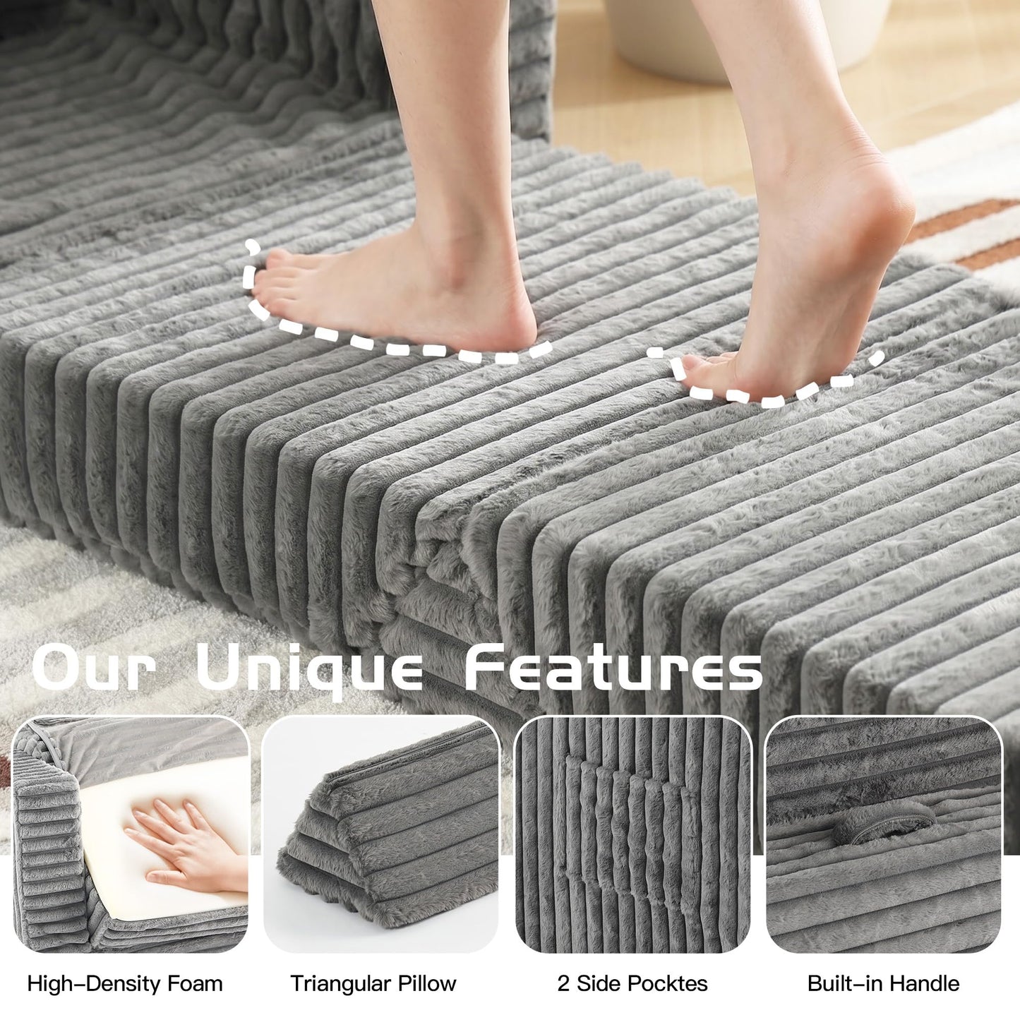 Welnow Folding Sofa Bed, Chair Bed Sleeper for Adults with Triangle Cushion, Boneless Couch with Washable Cover, Fold Out Chair Bed for Living Room Bedroom,Single, Grey
