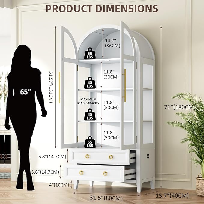 Vlsrka 71 Inch Arched Curio Cabinet, 4-Tier Display Cabinet and 2 Drawers