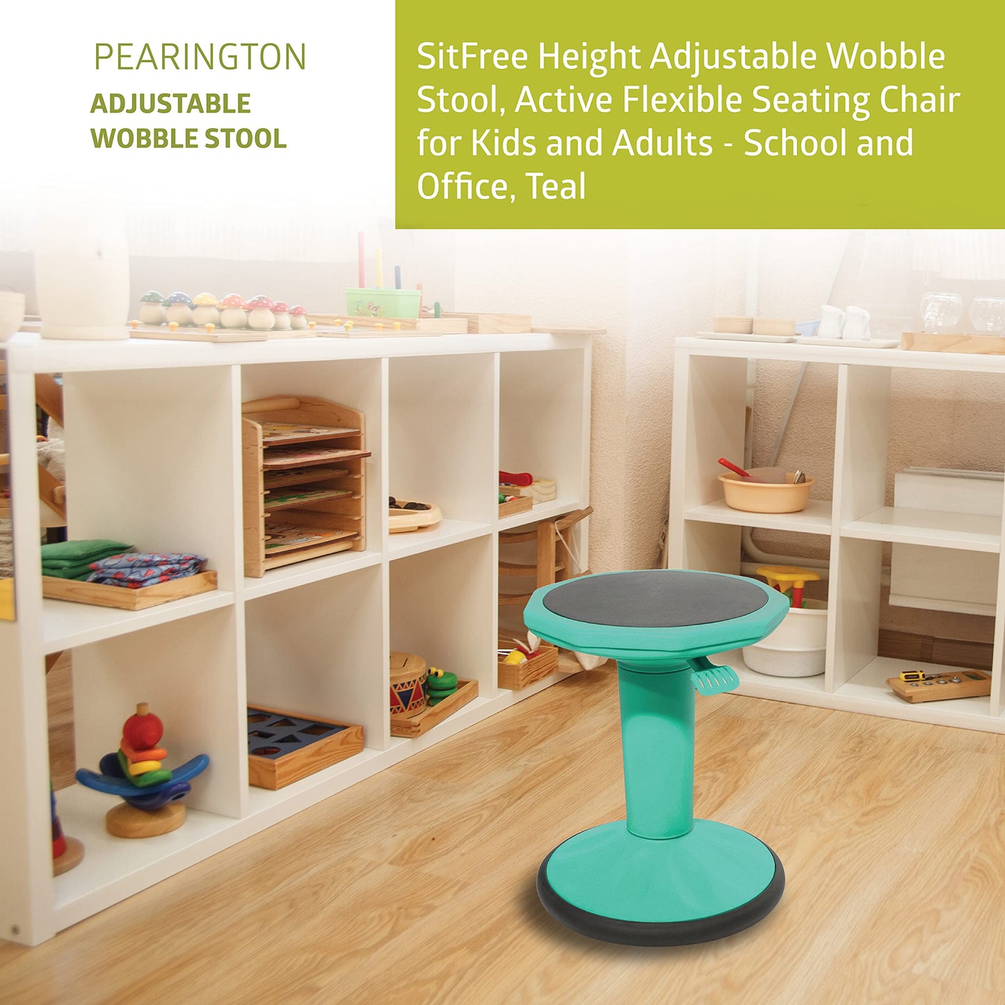 Pearington SitFree Height Adjustable Wobble Stool, Active Flexible Seating Chair for Kids and Adults - School and Office, Teal