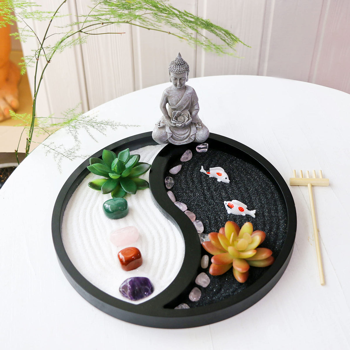 BangBangDa Buddha Meditation Zen Garden Kit - Home Office Tabletop Taiji Yin Yang Sand Garden Altar Zen Decor Zen Gifts DIY Mini Chakra Crystal Quartz Rock Garden w/Nature Healing Stone Rake Tool