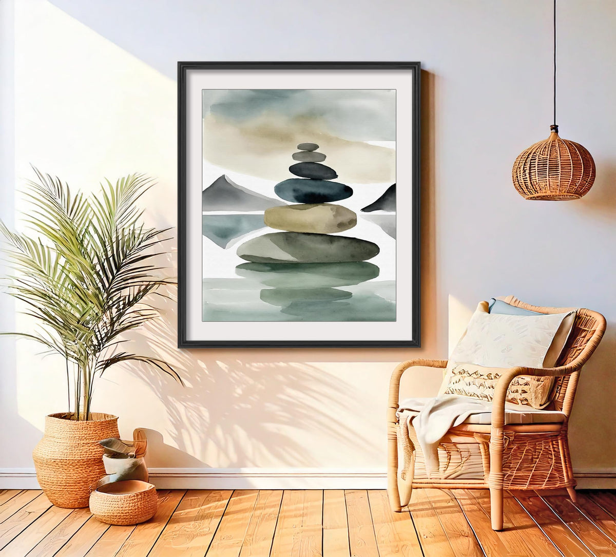 Watercolor Balancing Stones Stacked Illustration Art Print for Yoga Studio Serenity Display, Mint Green Meditation Room Harmony Accent, Beach House Home Office Bedroom Living Area Nursery Dorm Wall Art, Young Yogi Meditator Wellness Enthusiast Teacher Gif