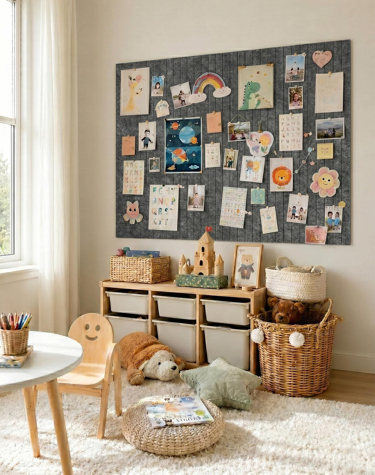 Aothia 12-Pack Felt Bulletin Board Tiles 48"x36", Modular Pin Board for Smooth Walls, Cork Board Alternative for Notes & Photos, 0.35" Thick, 70 Adhesive Tabs & 40 Pins, Charcoal Gray