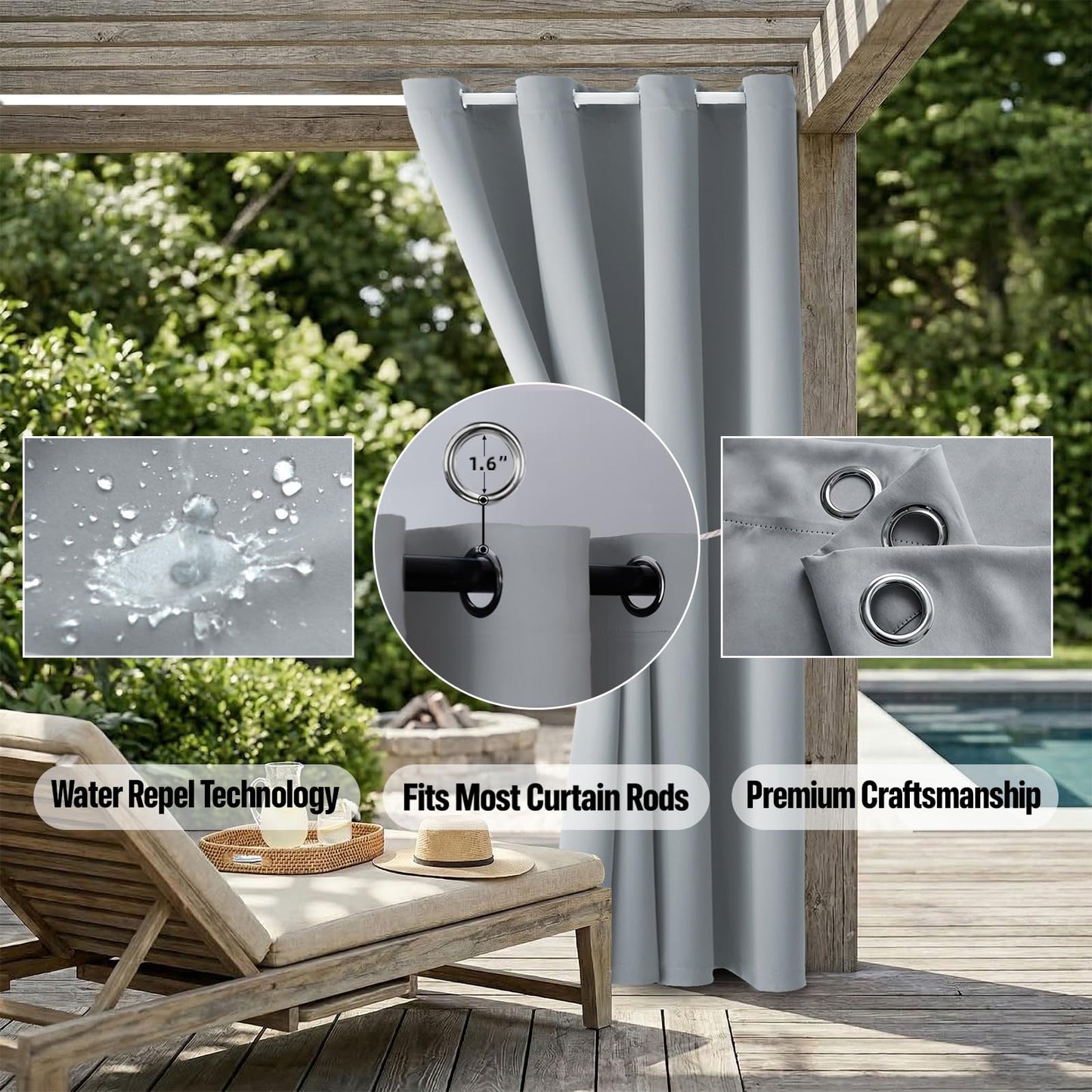 DIVA EN CAMINO DEC Outdoor Patio Curtain Waterproof Darkening Thermal Insulated Indoor Curtains for Bedroom, Porch, Living Room, Pergola, Cabana, W84 x L95, Light Gray, Set of 2 Panels