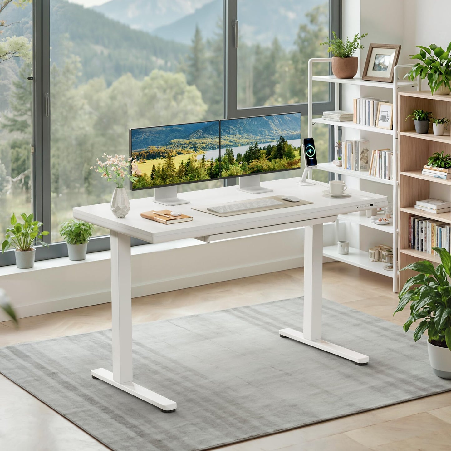 Furmax Adjustable Height Electric Standing Desk with Drawers, 48 Inch Sit Stand Desk with One-Piece Thickened Desktop & USB Charging Port for Home Office Computer Desks (White Desktop, 48 Inch)