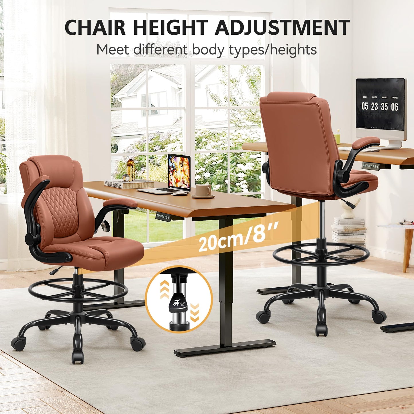 Drafting Chair, Tall Office Chair for Standing Desk, High Executive Leather Ergonomic Computer Chair with Adjustable Height and Flip-Up Armrest for Counter Height Desk, Brown, Pack of 1