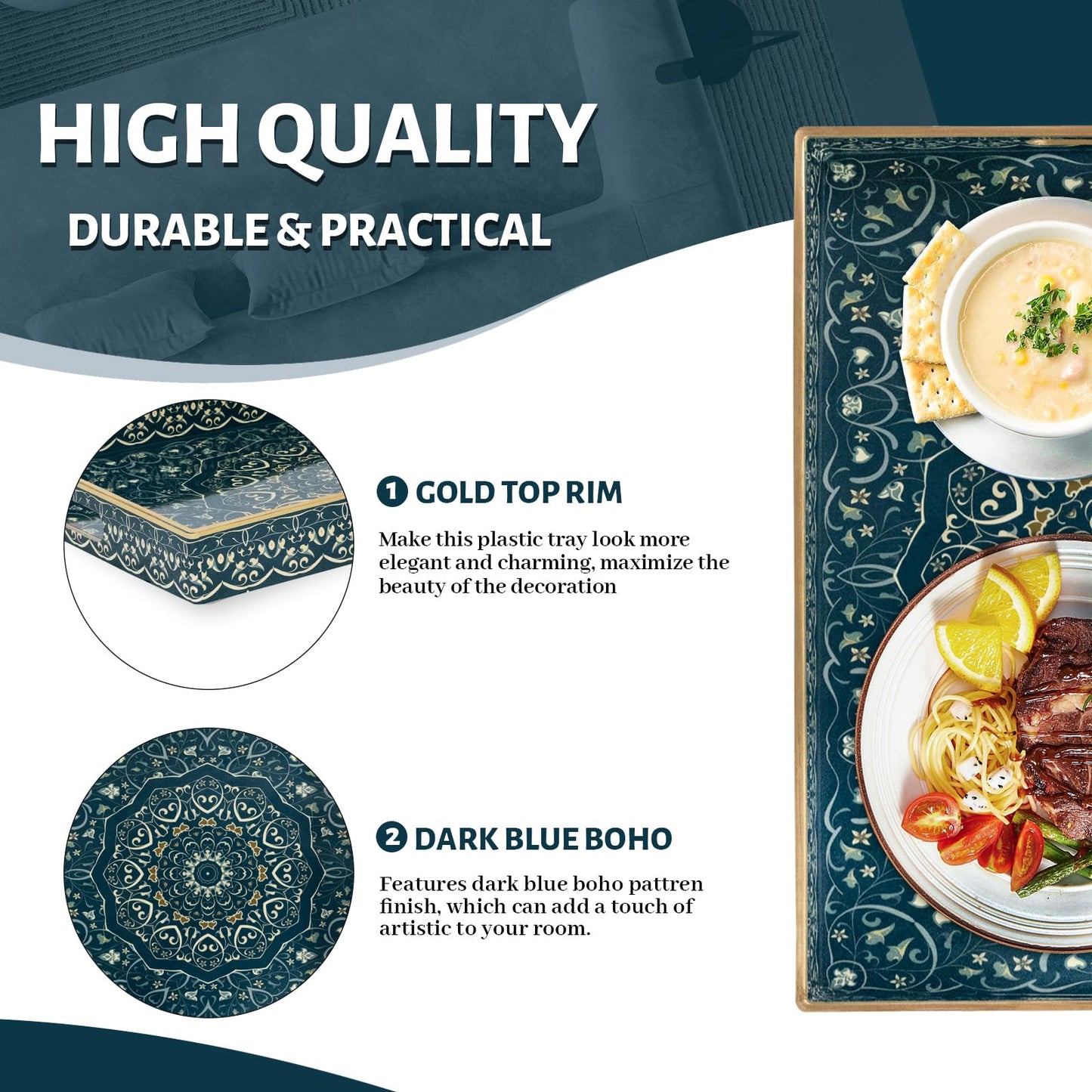 MAONAME Serving Tray with Handles, Plastic Rectangular Tray for Coffee Table, Dark Blue Boho Decorative Trays for Ottoman, Living Room, 15.8" Lx 11.8" W X 1.6" H