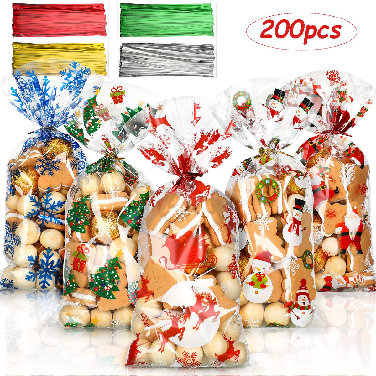 Outus 200 Pieces Christmas Cellophane Treat Bags, Plastic Christmas Cello Bags with Twist Ties for Candy, Cookie, Goodies, Gift Wrap, Xmas Party Favor Supplies