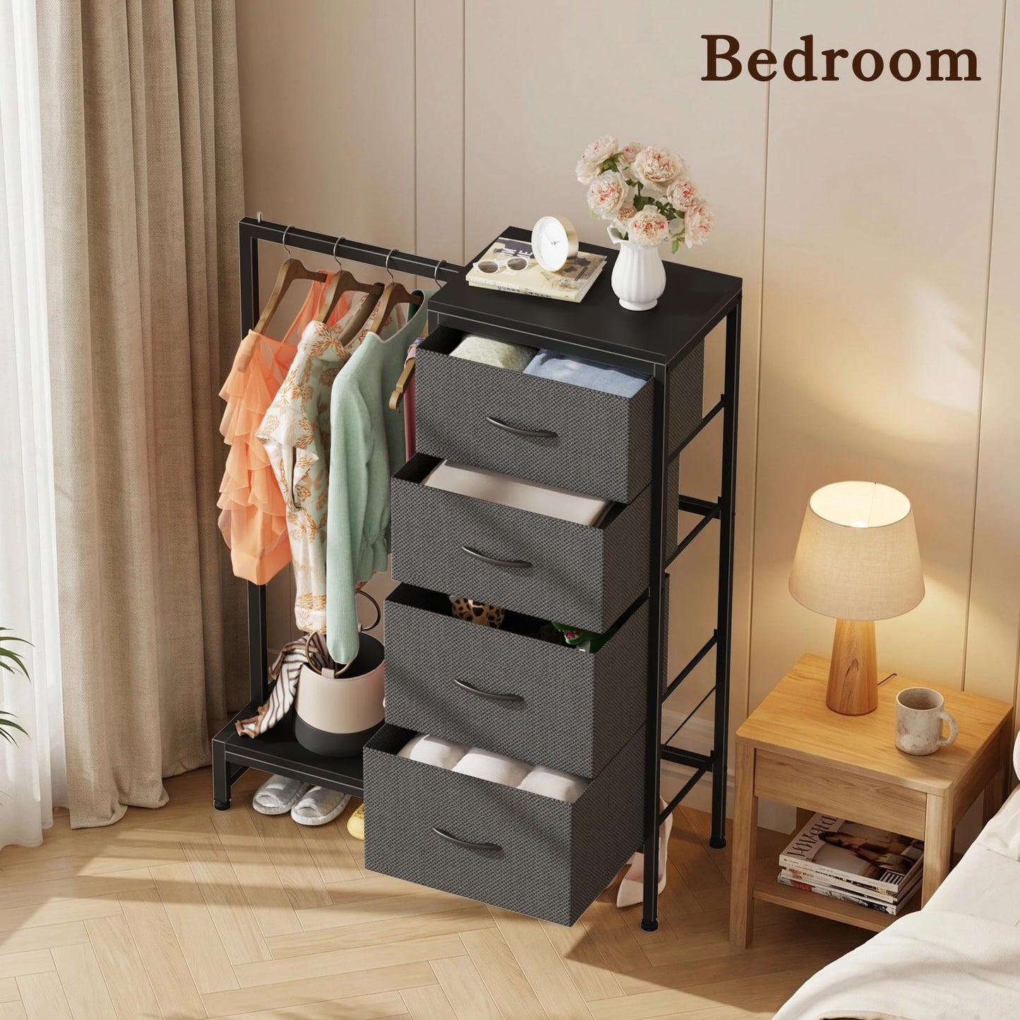 HIGDBFE Dresser with Hanging Rack, 4 Drawers Small Closet for Bedroom, Reversible Fabric Kids Chest of Drawers with Clothes Rack, Tall Storage Tower, Sturdy Frame, Grey, 44''H