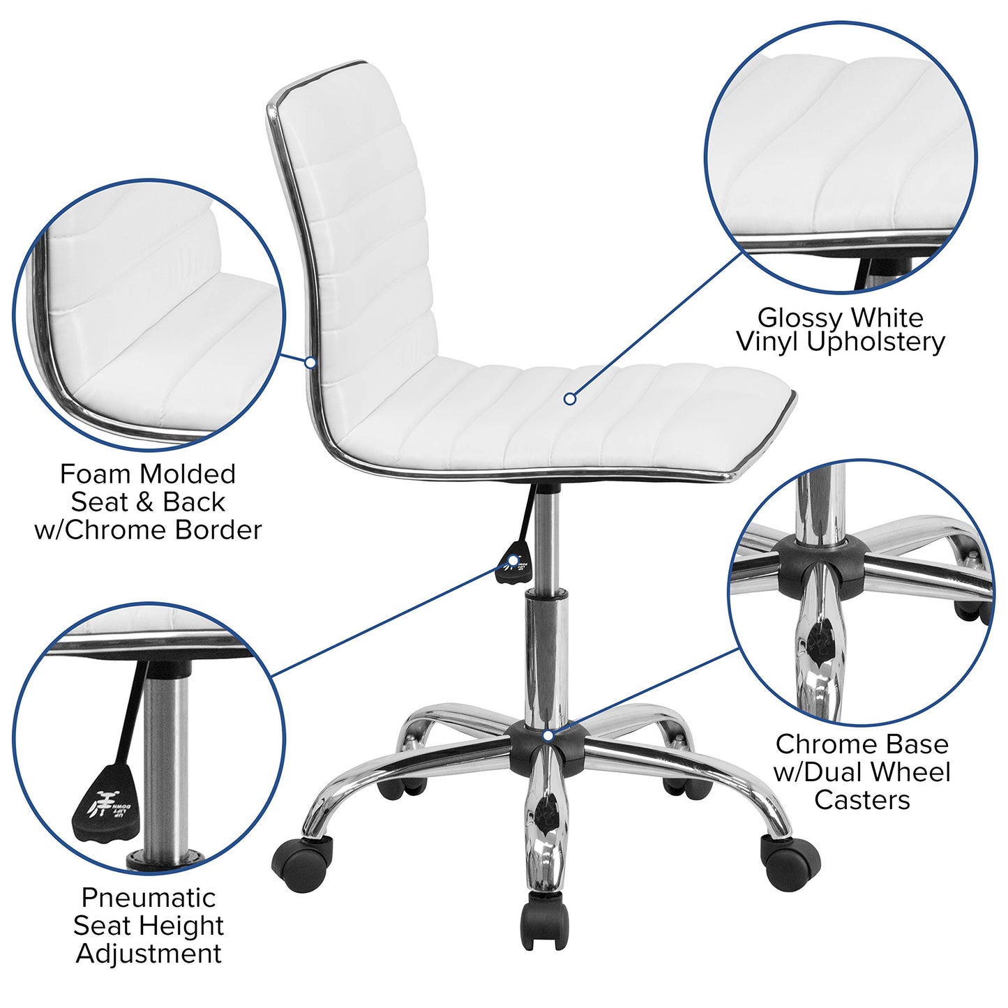 Flash Furniture Alan Low-Back Ribbed Upholstered Vinyl Swivel Desk Chair with Padded Seat, Modern Adjustable Height Padded Office Chair, White