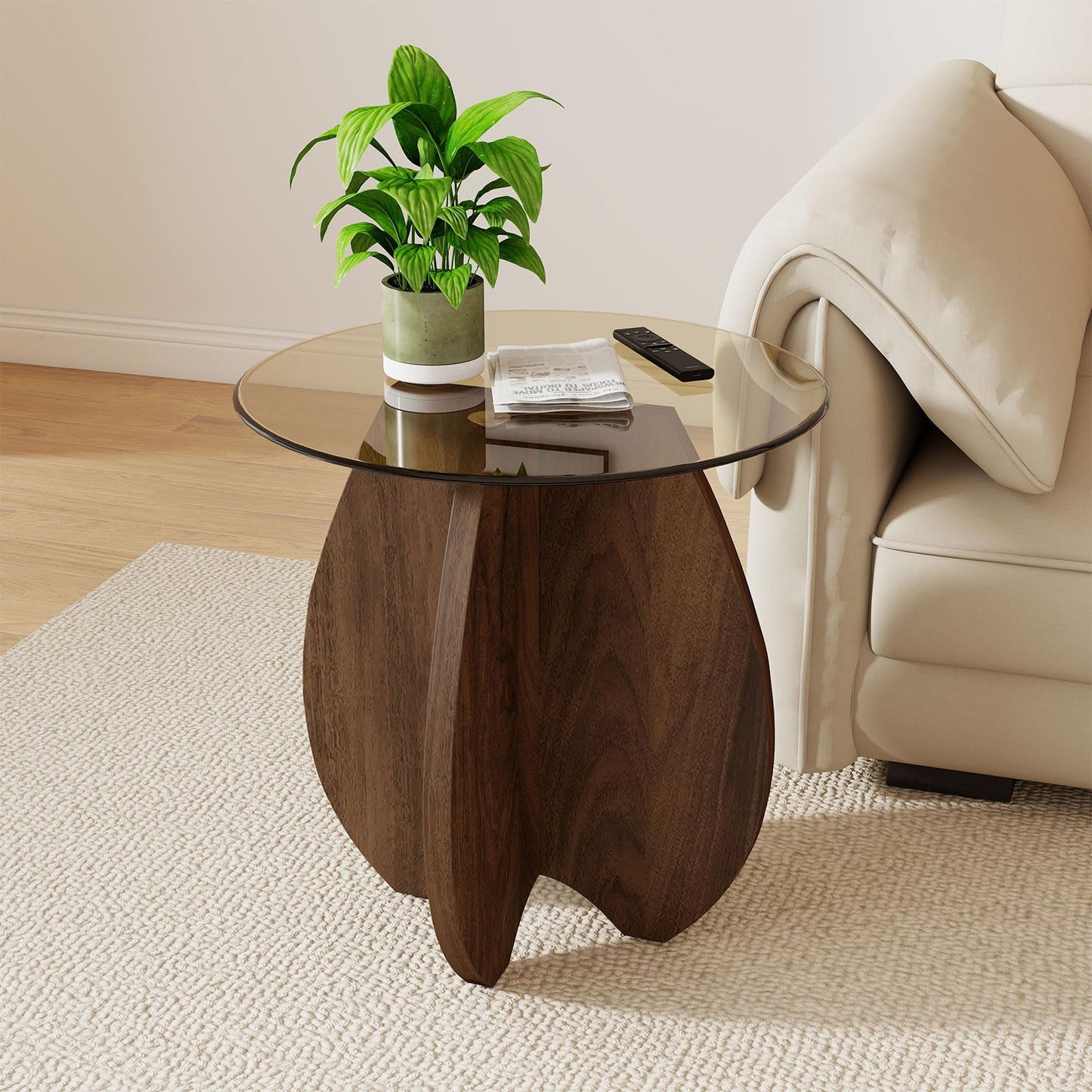 Permory MDF Frame Side Table with Brown Tempered Glass Top, Mortise and Tenon Joint Design, No Screw Easy Assembly, Sturdy End Table for Living Room, Bedroom (Shell-Brown)