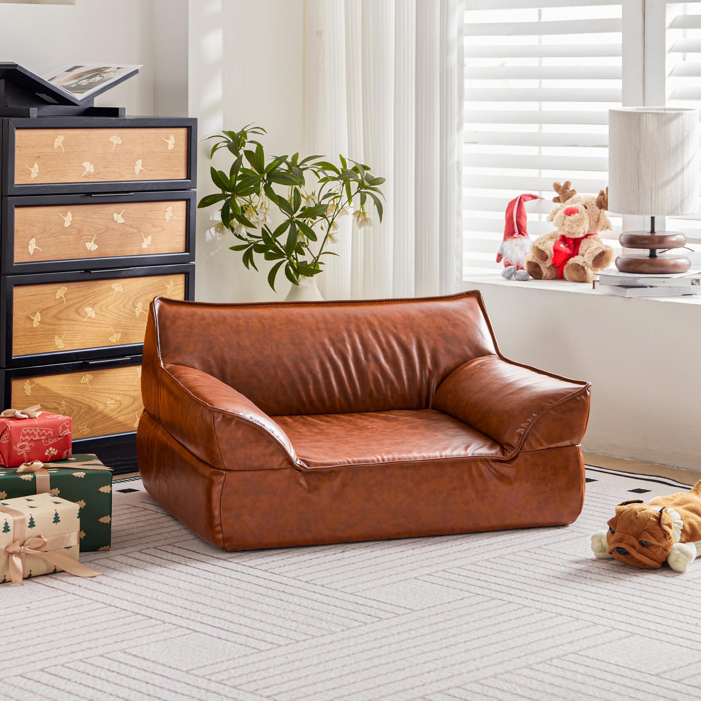 ATJafurn Dog Couch Bed Leather Cat Sofa for Small and Medium Pets Under 50 lbs, Brown Mid Century Modern Elevated Dog Sofa Chair Luxurious Indoor Furniture Style Pet Supplies for Puppy