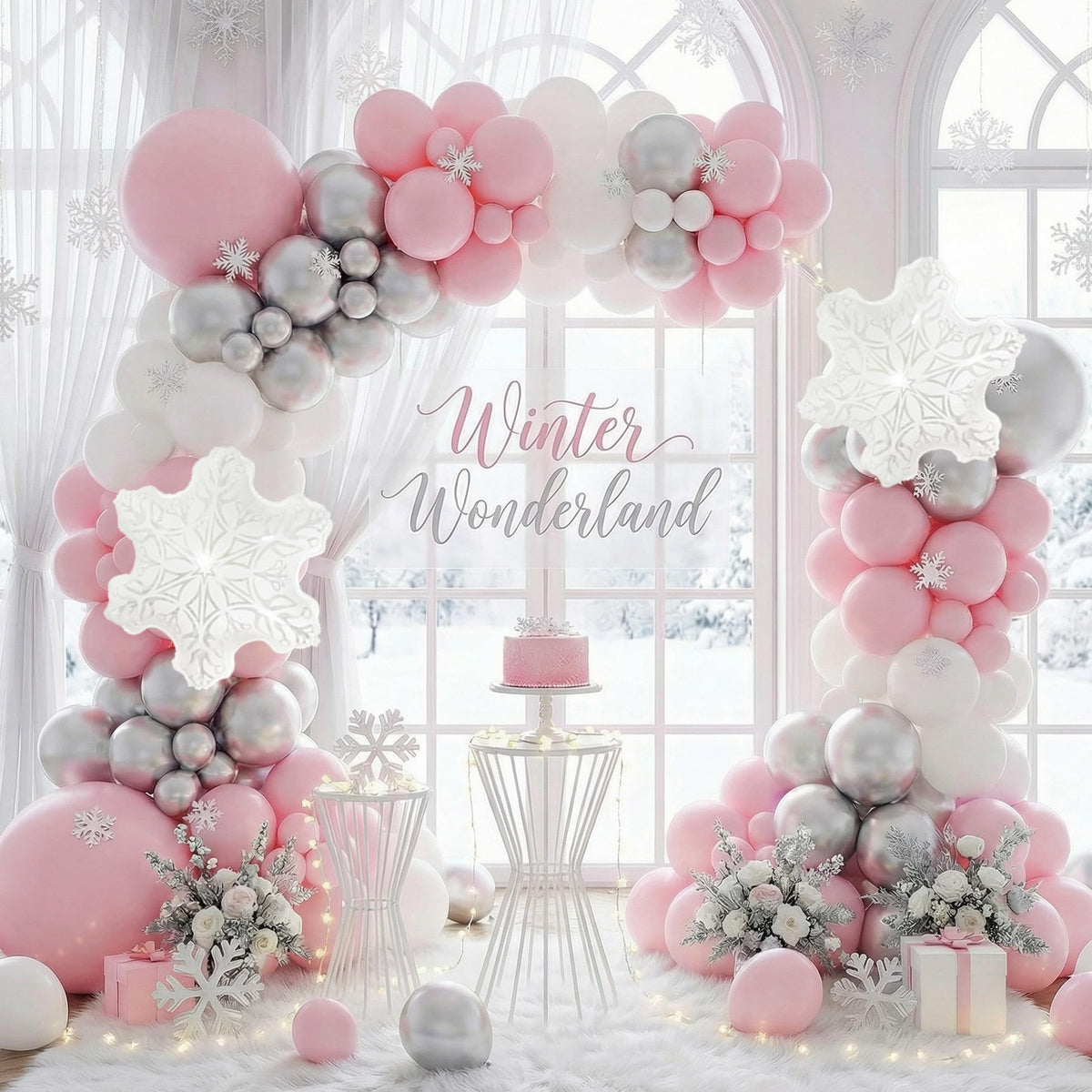 PartyXpress 144PCS Pink Winter Balloon Arch Garland Kit with White Silver Snowflake Star Balloons for Winter Wonderland Girl Baby Shower, Baby Its Cold Outside Party, Christmas Decorations