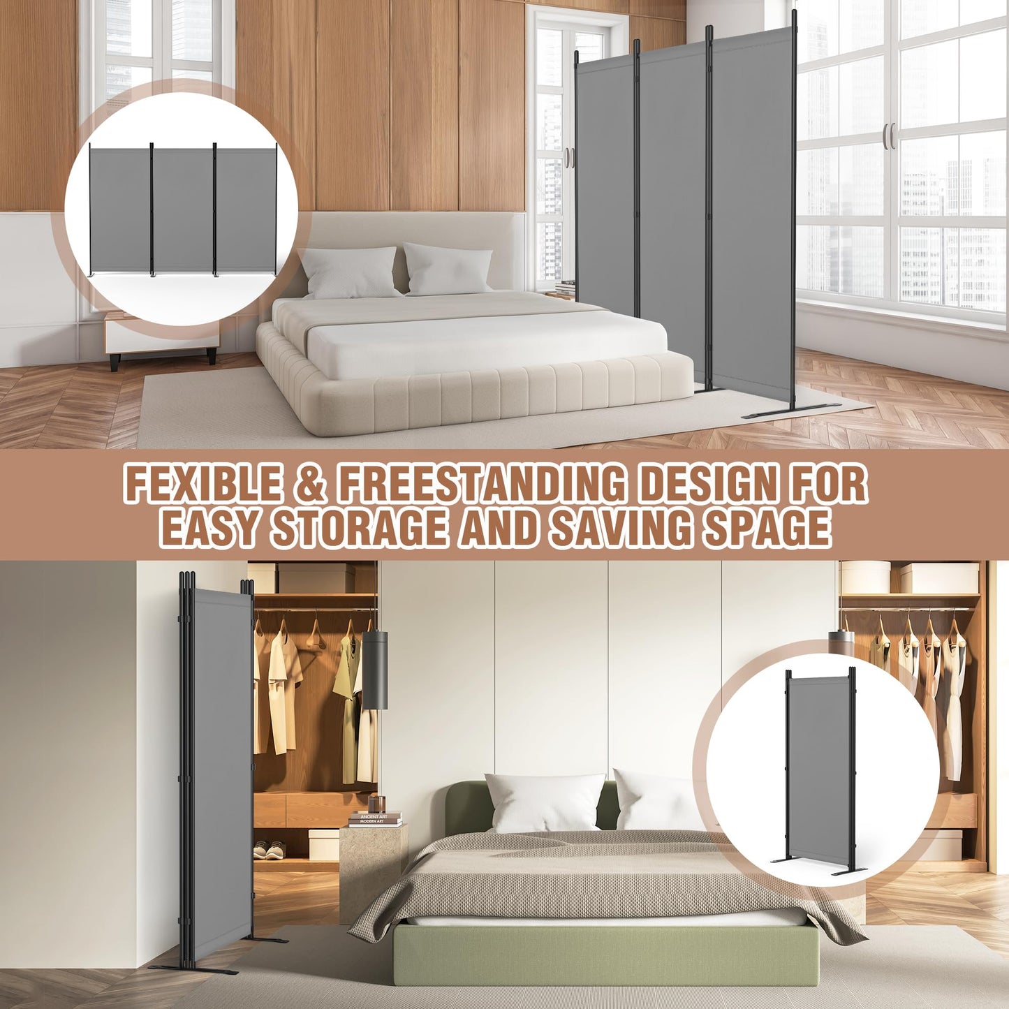 Yettsoy Room Divider 6FT Folding Privacy Partition Screen, 103'' W Freestanding Wall Divider for Room Separation, Portable 3 Panel Room Divider Panel Privacy Screen for Dorm Studio Office, Grey