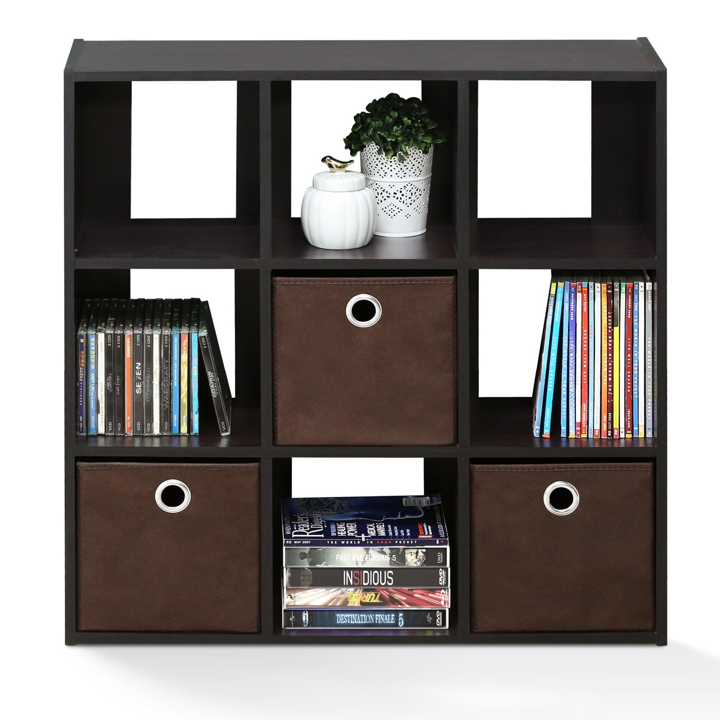 Furinno Simplistic 9-Cube Organizer with Bins, Small Size (Assembled Unit Dimensions : 7.9"D x 26.5"W x 26.7"H Inches), Dark Walnut