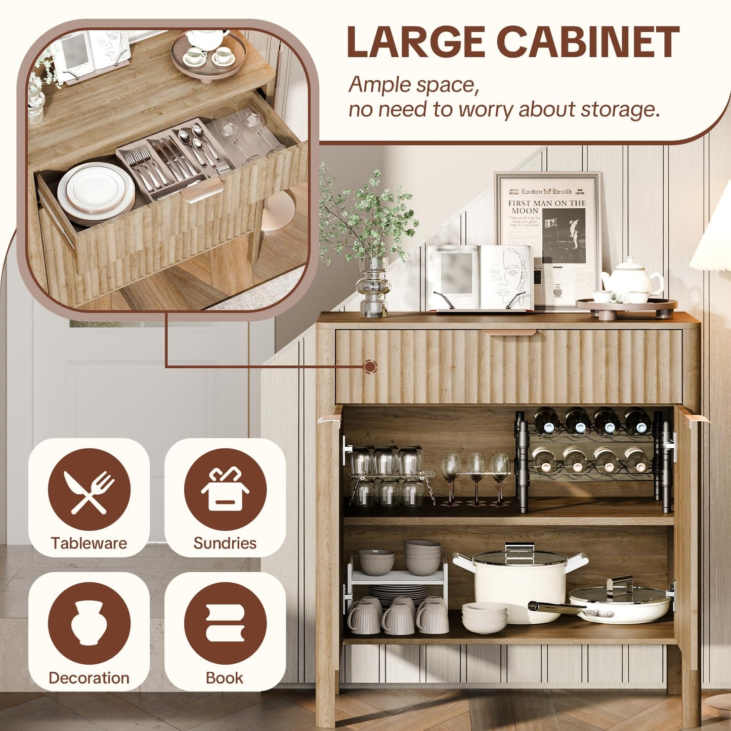 Fluted Buffet Cabinet with Storage - Modern Sideboard Accent Credenza with Doors & Drawer Wood Console Coffee Table Bar Counter for Living Room Kitchen Dining Room Entryway, Easy Assembly 31" Oak