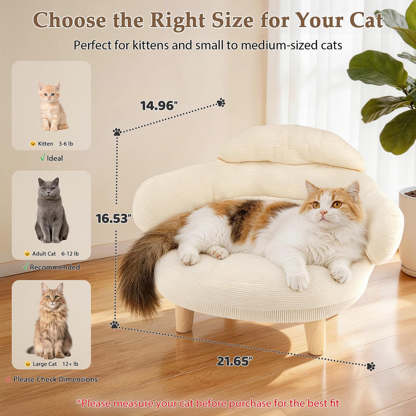 Famifit Cat Sofa Furniture-Style Pet Bed with Removable Cotton Velvet Cover, Solid Pine Wood Legs, for Cats and Small Dogs, White