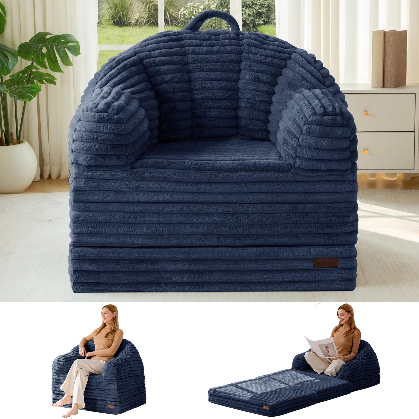 MAXYOYO Folding Sofa Bed, 2 in 1 Convertible Sofa to Lounger Comfy Faux Fur Bean Bag Chair for Adults, Floor Single Couch Chair with Handle, Couch Bed for Living Room Bedroom, Navy