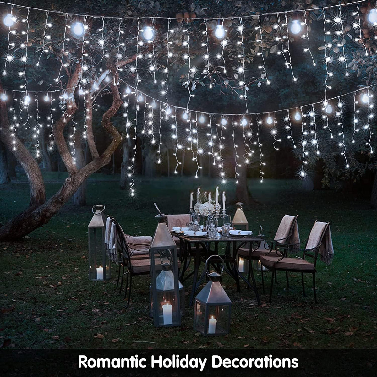 KiflyTooin Solar Christmas Lights Outdoor Waterproof Christmas Decorations Curtain Lights 320LED 29.5ft 60 Drops, Solar Powered Rechargeable Fairy Lights for Party, Wedding, Home Decorations(White)