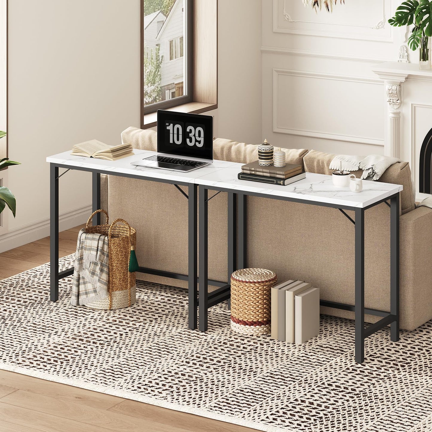 MAHANCRIS Narrow Bar Table, 63-Inch Pub Table for Dining Room, Counter Bar Tables with Sturdy Metal Frame, Connectable Bar Table, Multifunctional Console Table, Marble and Black BTHM1601