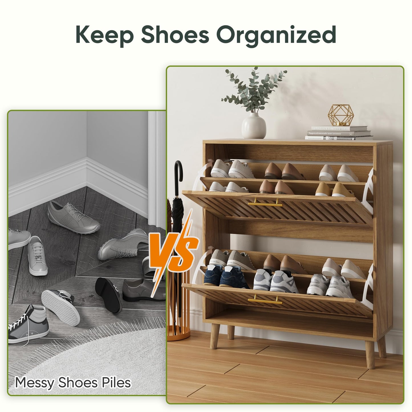 Smart FENDEE Shoe Storage Cabinet with 2 Flip Slatted Drawers, Narrow Freestanding Shoe Cabinet with Gold Handle, Hidden Entryway Shoe Organizer for Hallway, Foyer, Natural