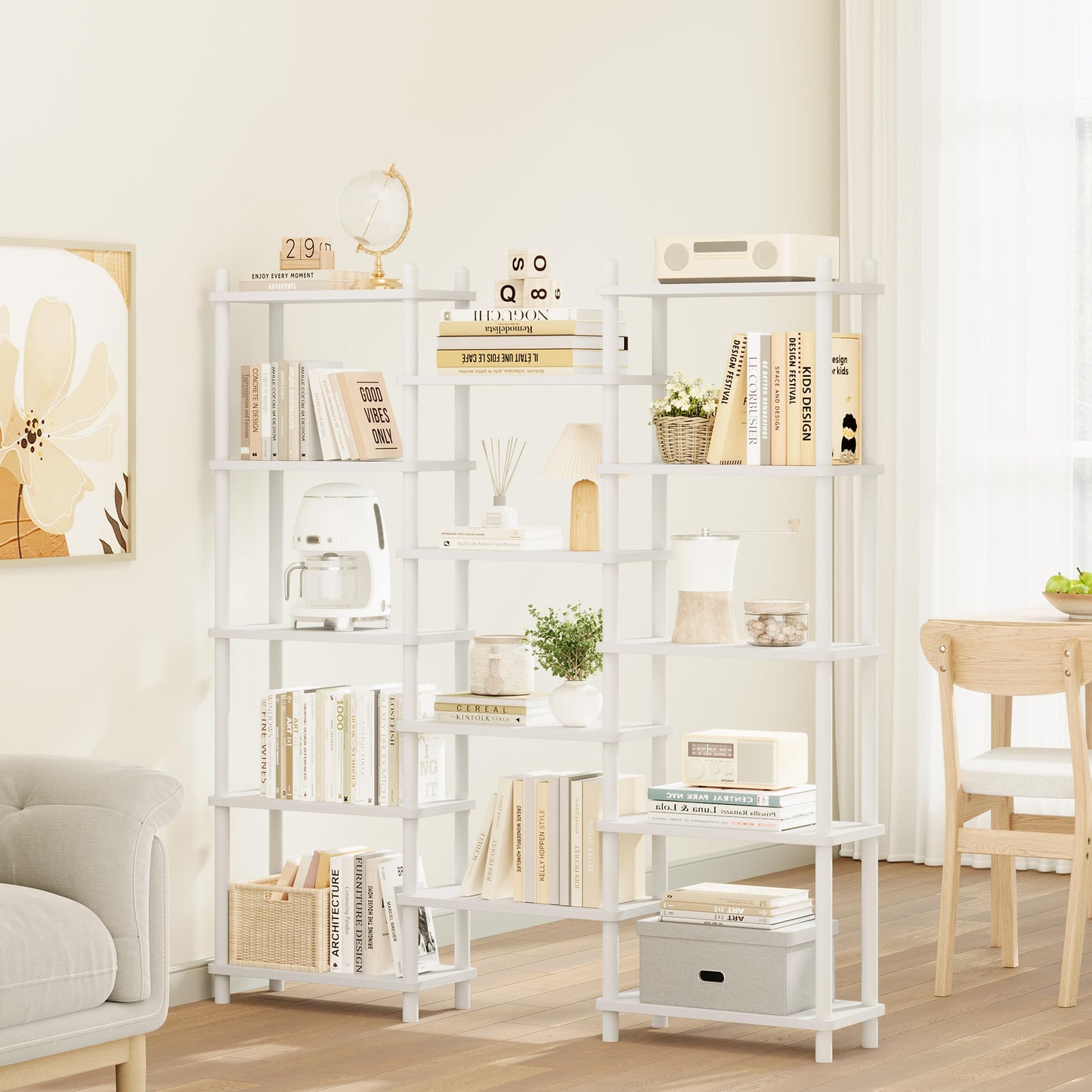 IOTXY Wooden Triple Wide Bookshelf - 5-Tier Large Shelf Bookcase with Solid Beech Frame, Tall Freestanding Open Etagere Display Rack for Home Office, White
