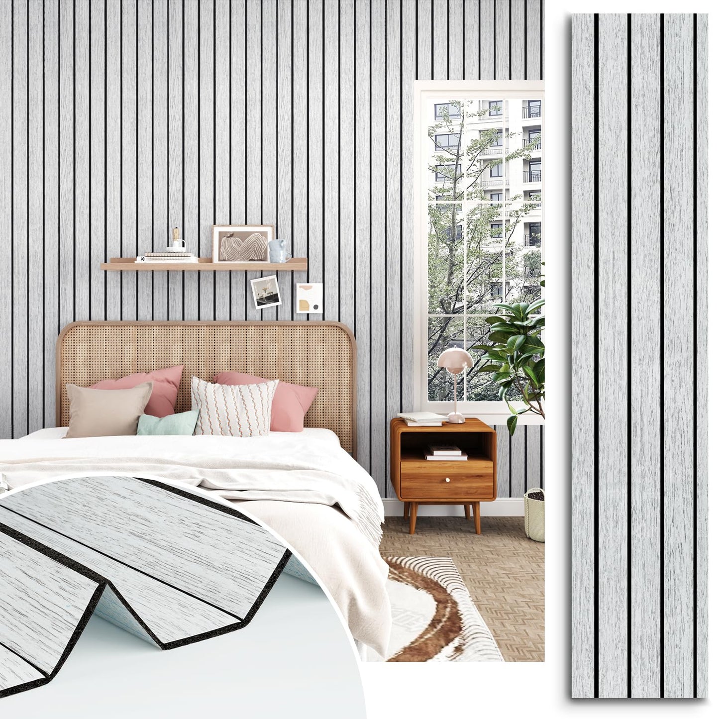 STICKEEP White/Grey Wood Slat Panels for Interior Wall Decor Self Adhesive Textured 3D Walls Paneling Soundproof Peel and Stick Wooden Slats Wall Panel for Bedroom Bathroom Living Room 118"x 23.6"