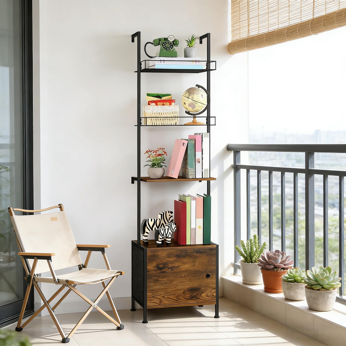 Vrisa 4 Tier Ladder Bookshelf with Drawers Wall Mounted Storage Shelves Wooden Ladder Shelf with Cabinet Display Bookcase for Living Room Bedroom Home Office Kitchen Brown