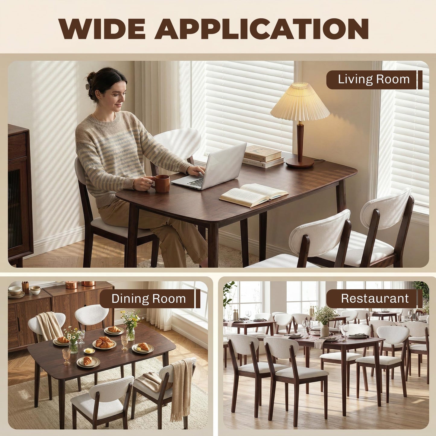 HOMCOM 5-Piece Dining Table Set for 4, Mid-Century Modern Kitchen Table and Chairs with Padded Seats and Backrests, Solid Wood Frame for Small Space, Dining Room, Living Room, Cream White