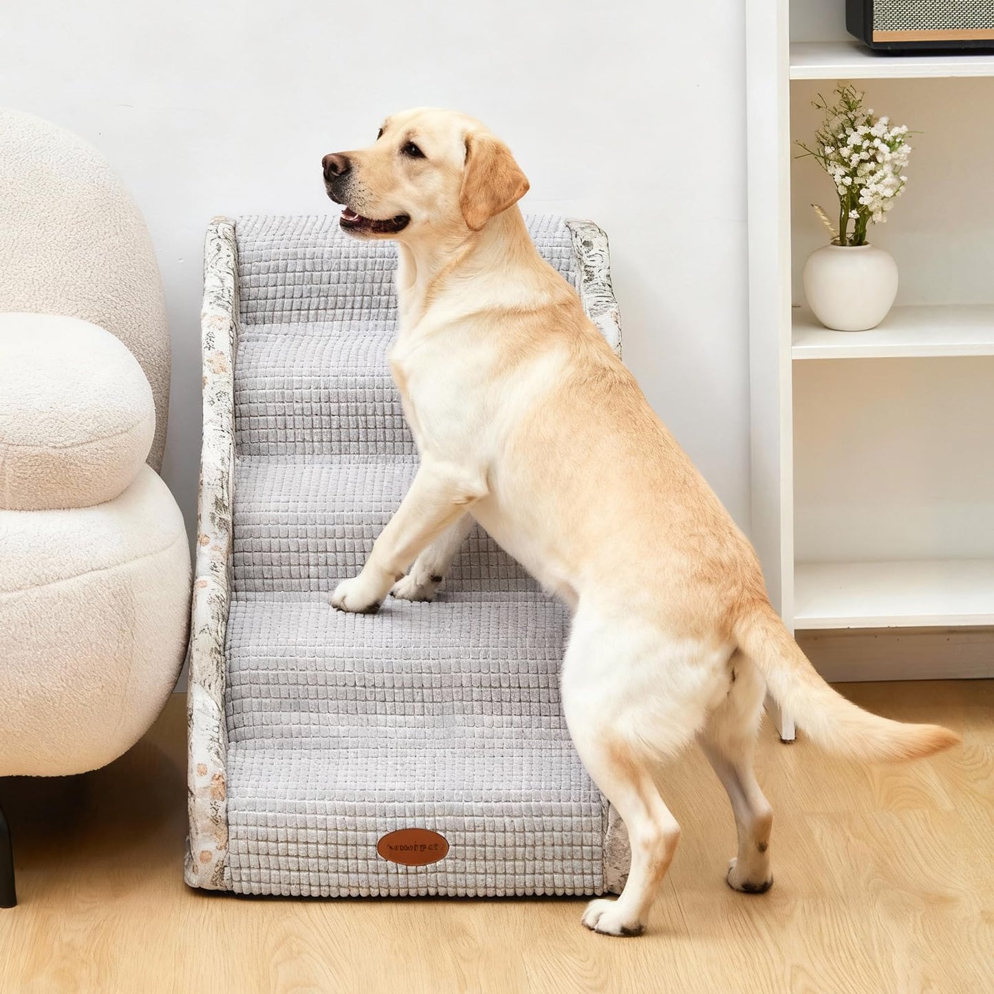 Woochpet Side Armrest Dog Stairs for High Beds Up to 26-30",5 Tier Wider Curved with Weighted Base Plate, Washable Cover Gentle Slope Steps, Bed & Couch Ladder for Small Medium Dogs & Senior Cat