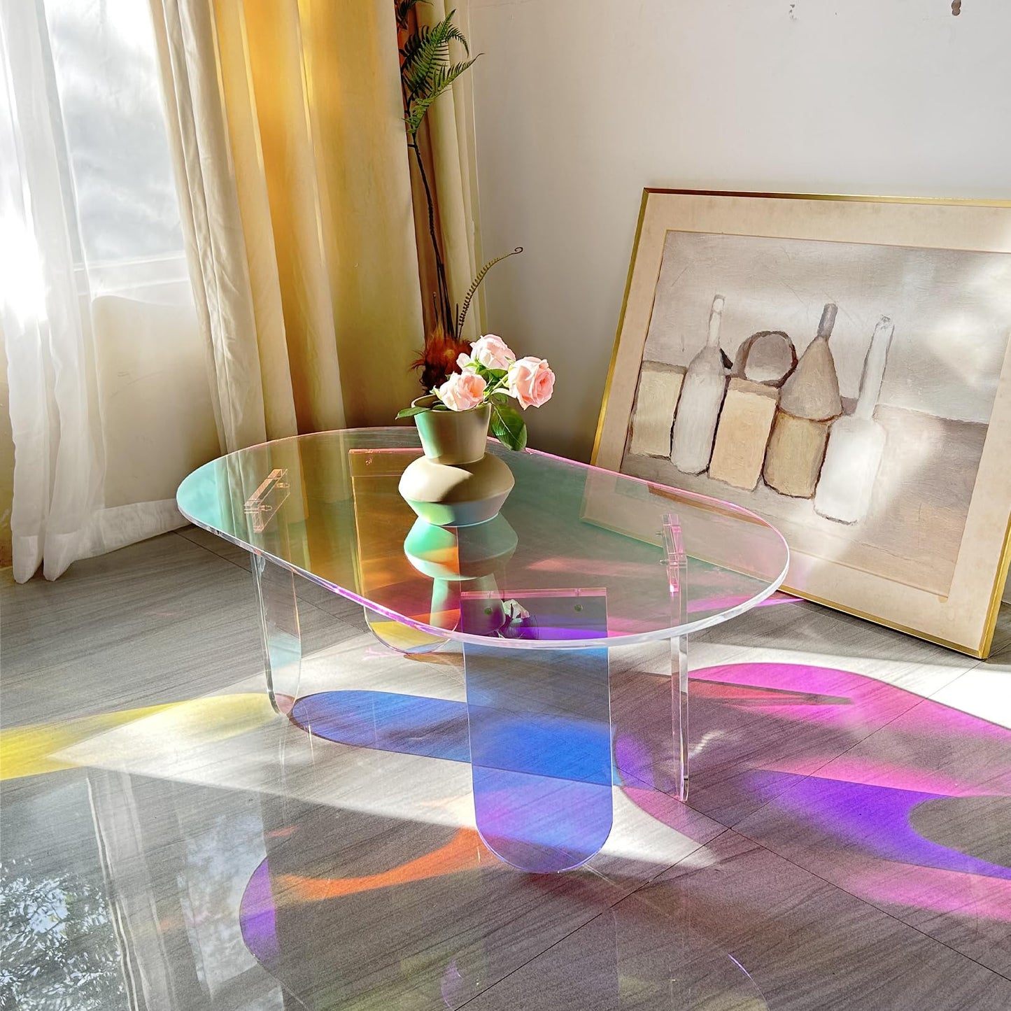 Artloge Iridescent Acrylic Coffee Table: Colorful Small Accent Clear Table